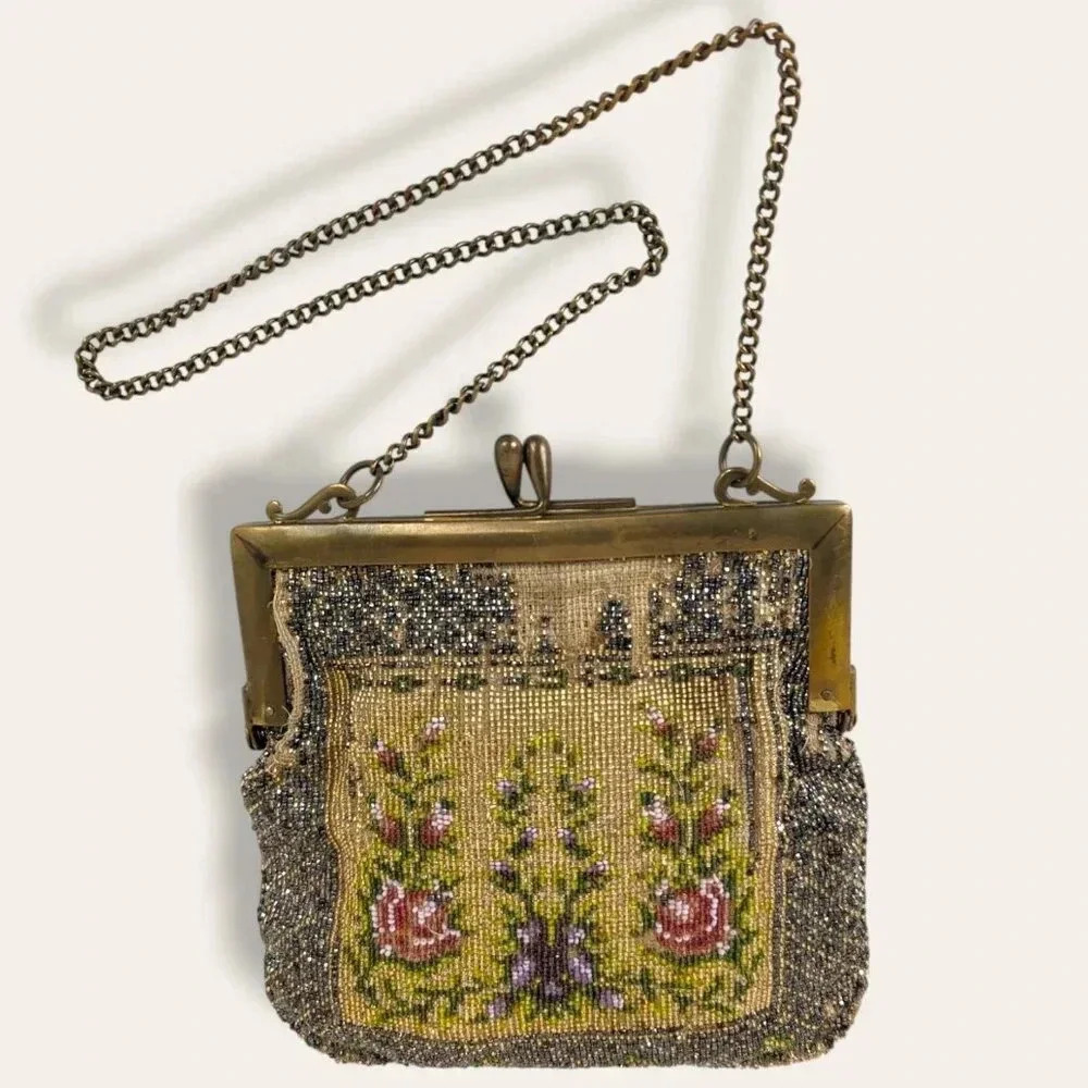 Antique Floral Micro Beaded Victorian Women's Purse with Suede Lining